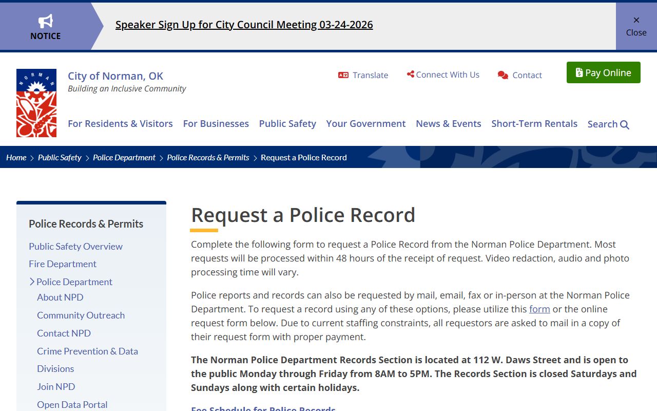Norman Police Department background check records request