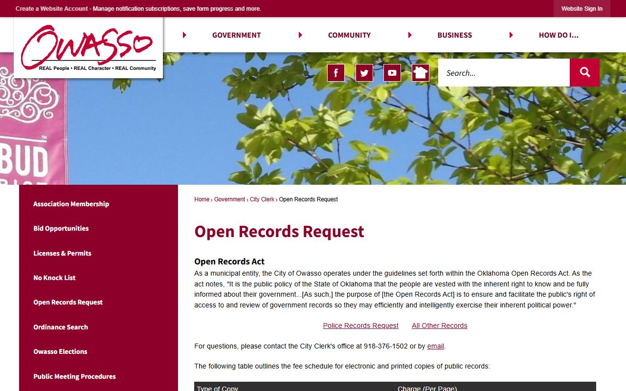 Owasso City Clerk open records request background check