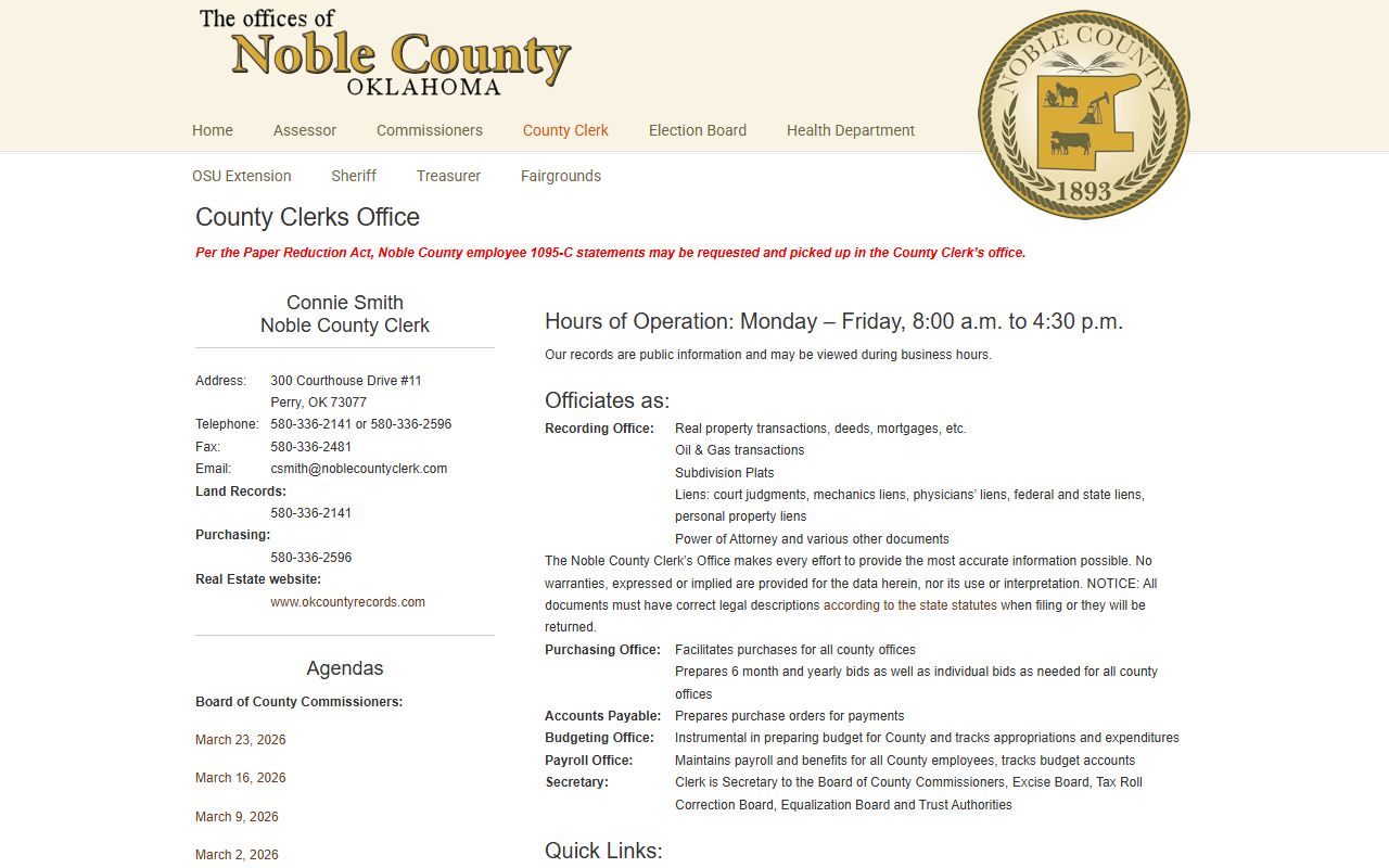 Noble County Clerk land records for background check